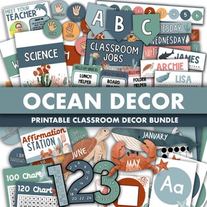 Ocean Classroom Decor Bundle || Editable Classroom Printable Display Bundle PowerPoint Templates Blue Water Under the Sea Animals Theme