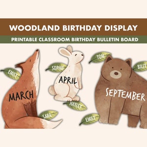 Bosverjaardag Bulletin Board Kit || Prikborden voor verjaardagsweergave || Woodland Bulletin Board afdrukbaar | Verjaardag klas decor