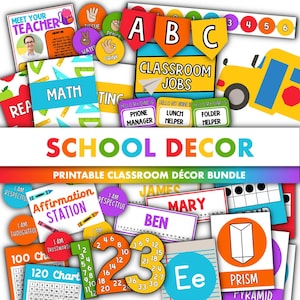 School Classroom Decor Bundle || Editable Classroom Printable Display Bundle PowerPoint Templates School Supplies Colorful Theme Crayon