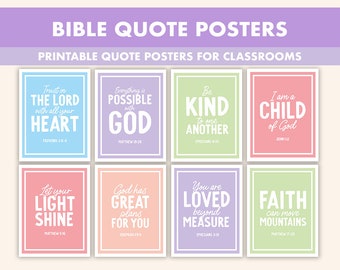 May include: A collection of eight printable Bible quote posters with inspirational messages in white text on colorful backgrounds. The posters include phrases like "Trust in the Lord" and "Faith can move mountains". The top banner reads "BIBLE QUOTE POSTERS".