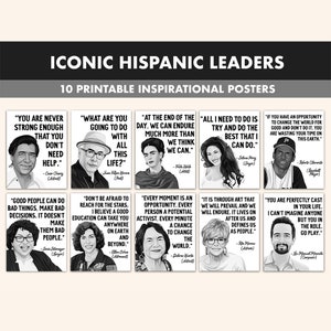 Hispanic Leaders Quotes Printable Posters || 10 Hispanic Heritage Month Prints for Classroom Decor B&W || Hispanic Heritage Posters