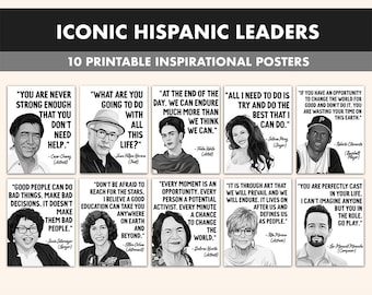 Hispanic Leaders Quotes Printable Posters || 10 Hispanic Heritage Month Prints for Classroom Decor B&W || Hispanic Heritage Posters