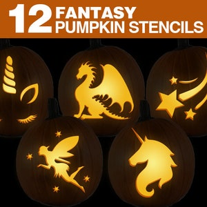 Plantillas de calabaza de fantasía // Conjunto de plantillas de tallado de calabaza de fantasía imprimibles // Plantilla de calabaza de Halloween para niños