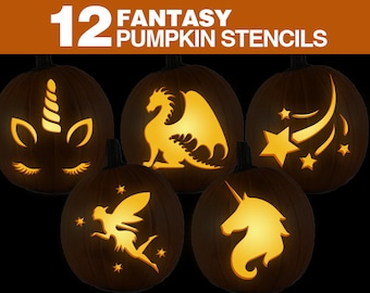 Fantasy Pumpkin Stencils || Printable Fantasy Pumpkin Carving Stencils Set || Kids Halloween Pumpkin Template
