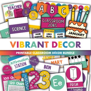 Vibrant Classroom Decor Bundle || Editable Classroom Printable Display Bundle PowerPoint Templates Colorful Bright  Theme Rainbow