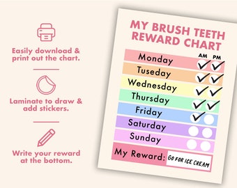 Brush Teeth Training Reward Chart for Kids || Printable Teeth Brushing Routine Chart || Teeth Brush Reward Chart || Brushing Routine Chart