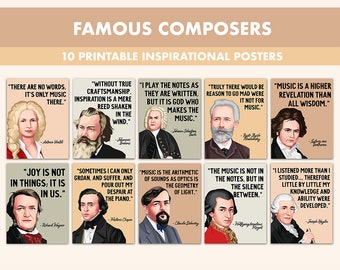 Famous Composers Printable Posters || 10 Inspiration Composer Quote Prints for Music Classroom Boho || Iconic Composer Posters Composer Art
