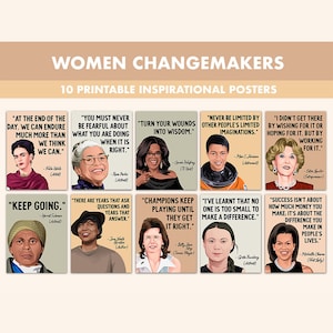 Puede incluir: Un conjunto de 10 carteles inspiradores imprimibles con retratos de mujeres influyentes y citas motivadoras. Los carteles incluyen a Frida Kahlo, Rosa Parks, Oprah Winfrey y otras. El título "Women Changemakers" se muestra en la parte superior.