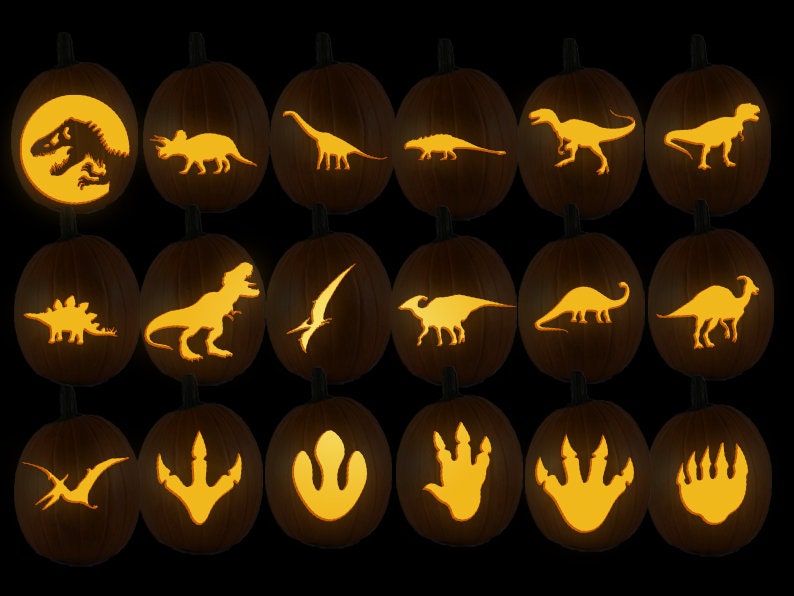 May include: A set of 18 pumpkin carving stencils featuring various dinosaur silhouettes and footprints. The stencils are cut out of orange paper and are ready to be used for carving pumpkins.