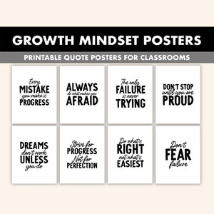 B&W Growth Mindset Posters || 8 Inspiration Quote Posters for Classroom || Growth Mindset Prints || Positive Affirmation Posters