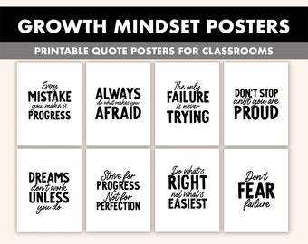 B&W Growth Mindset Posters || 8 Inspiration Quote Posters for Classroom || Growth Mindset Prints || Positive Affirmation Posters