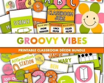 Groovy Vibes Klassenzimmer Dekor Bündel || Bearbeitbares druckbares Display-Bundle für Klassenzimmer Power Point-Vorlagen Retro Daisy Theme 70er Jahre Vibe