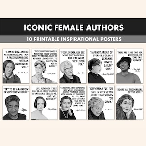 Female Authors Printable Posters || 10 Inspiration Woman Author Posters for Classroom B&W || Iconic Female Author Quotes Literary Quote