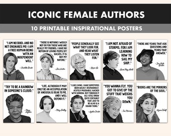 Female Authors Printable Posters || 10 Inspiration Woman Author Posters for Classroom B&W || Iconic Female Author Quotes Literary Quote