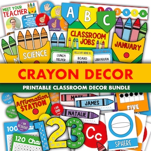 Crayon Classroom Decor Bundle || Editable Classroom Printable Display Bundle PowerPoint Templates Rainbow Colorful Crayola Theme