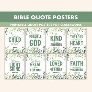Affiches botaniques de citations bibliques || 8 oeuvres d'art murales vertes inspirantes de versets bibliques pour la salle de classe | Gravures chrétiennes vertes || Citations bibliques sur la verdure