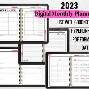 2023 gedateerde digitale maandelijkse planner roze glitter Glam Goodnotes PDF met hyperlinks