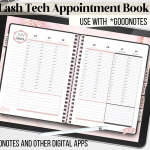 May include: A digital planner for lash technicians, with a pink and white design. The planner is open to June 2023, showing the calendar for the 12th to the 18th. The planner is designed to be used with the Goodnotes app.