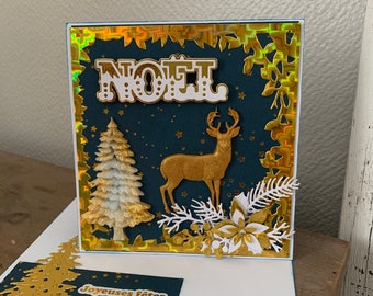 Christmas greeting card, the king of the forest under a beautiful starry sky! The deer and the large fir tree are made of epoxy resin! Handmade