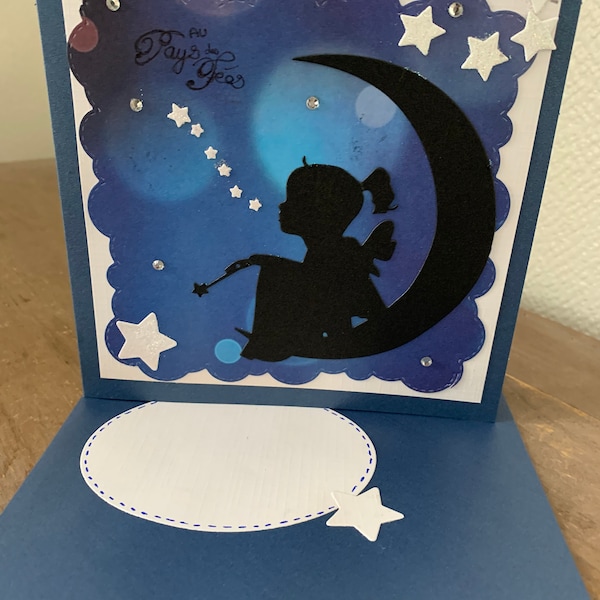 Carte à offrir pour un anniversaire ou tout autre occasion sur le thème, une petite fée sur la lune ! Unique Fait main
