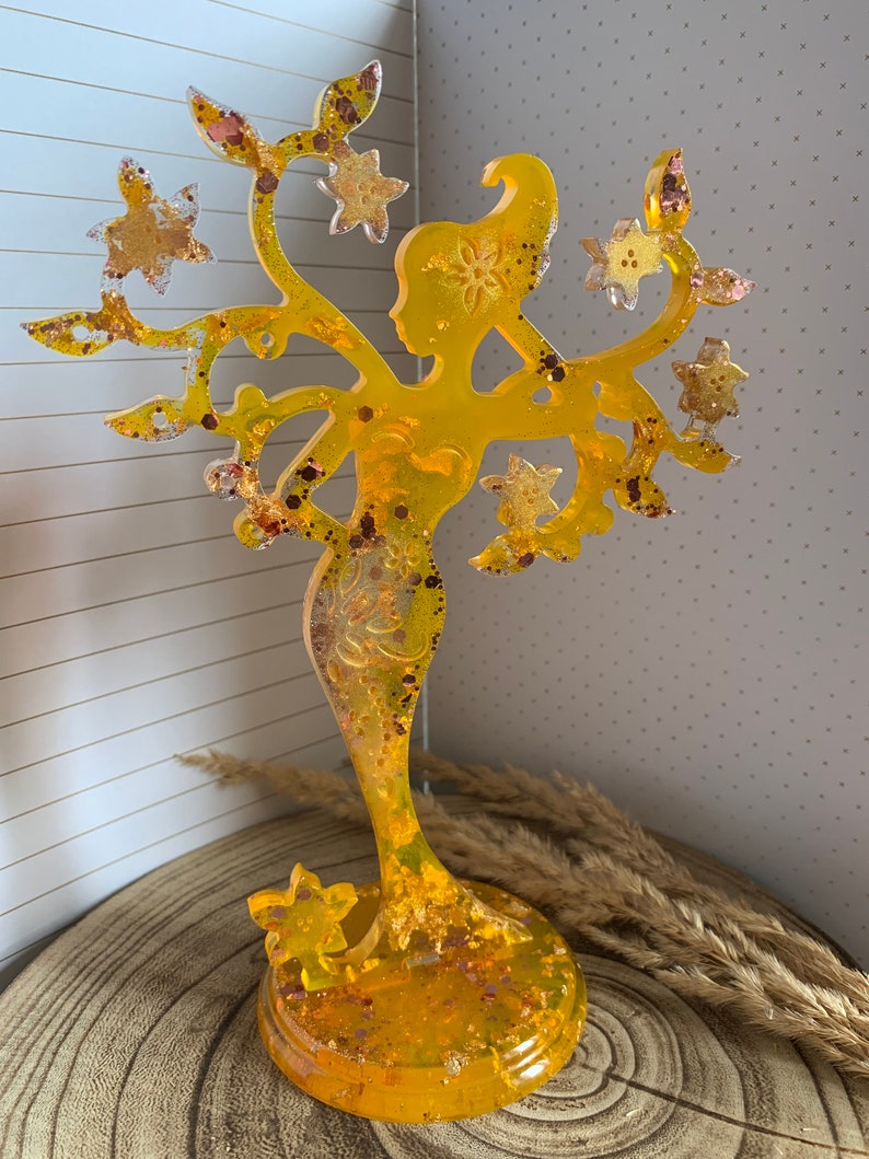 Fairy tree jewelry holder made of yellow epoxy resin and matching sparkling glitter Gift idea. Handmade image 1