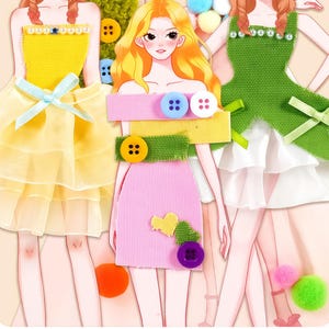 May include: Paper doll set featuring three dolls with various colorful outfits. The dresses are yellow, pink, and green, adorned with buttons and ribbons. The dolls have long hair and are decorated with pom-poms.