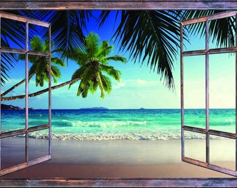 3D Self-Adhesive Fake Window Wall Sticker - Tropical Island With Palm Trees Mural (36x24 Inches, Removable)