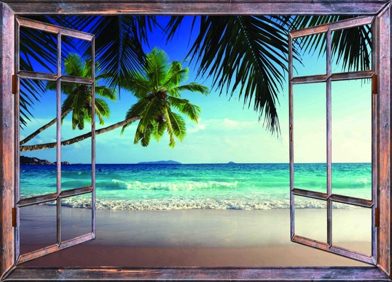 Moderne Impression sur Toile Plage vacances île palmier Image Tableau Decoration Murale 125x70cm Deco Décoration Salon Chambre Triptyque 5 parties