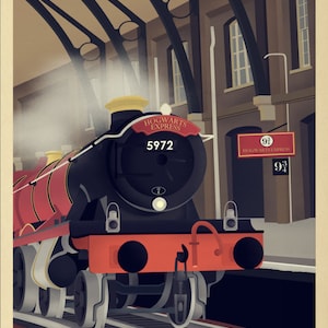 Peut inclure: Illustration de style vintage d'un train à vapeur, le Poudlard Express, à la voie 9 3/4. Le train est rouge et noir, avec l'inscription "Hogwarts Express" et le numéro "5972". L'affiche comprend le texte "Platform 9 3/4".