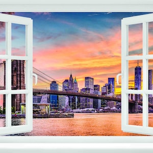 Fenster mit Blick auf die Skyline von Manhattan und die Brooklyn Bridge Wandbild