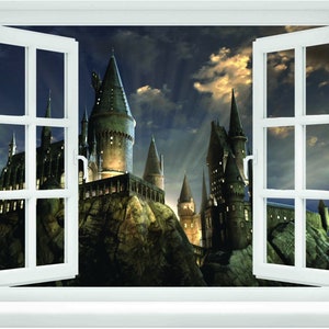 Window with a View Magical Wizards Castle Lights at Night Wall Mural
