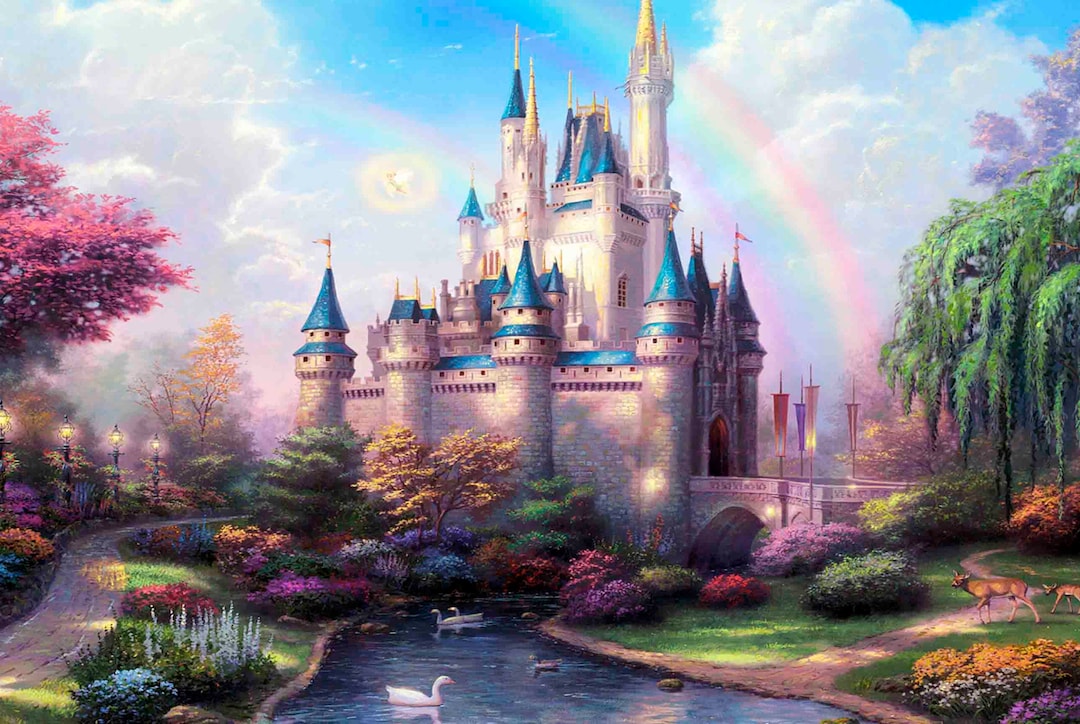 湖畔の魔法のおとぎ話の城の壁画 - Etsy 日本
