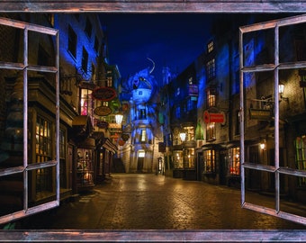 Window with a View Magical Wizards Street at Night Wall Mural Brown Frame