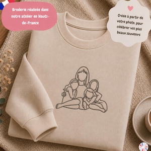 Può includere: Una felpa girocollo beige con un ricamo a linee marrone scuro che raffigura una persona che abbraccia tre bambini. Il capo presenta del testo in francese su due riquadri decorativi, uno dei quali indica che è ricamato negli Hauts-de-France.