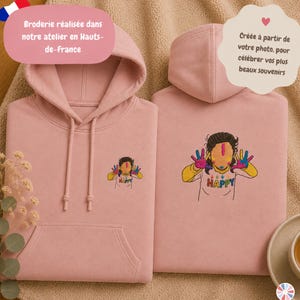 Sweat à Capuche | Illustration Couleur Duo | Double Broderie Devant Dos, Portrait Couleur Personnalisé
