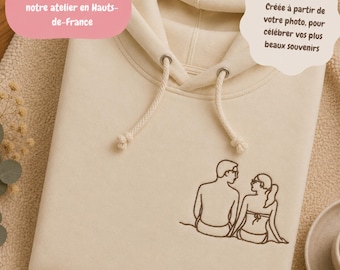Sweat à Capuche | Line Art 10x10 | Sweat Personnalisé Brodé à partir de Photo, Portrait Minimaliste, Cadeau Famille