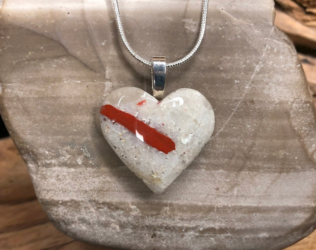 Red Ribbon Quartersized Pudding Stone Heart Necklace A Handcrafted