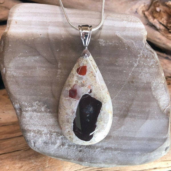 Colorful Long Pudding Stone Teardrop Necklace - Handcrafted Treasure from Lake Huron