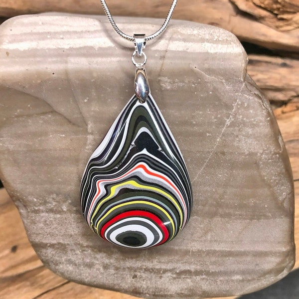 Large Reversible  2-Sided Fordite Crocodile Tear Necklace | Handcrafted Motor City Gem Collection