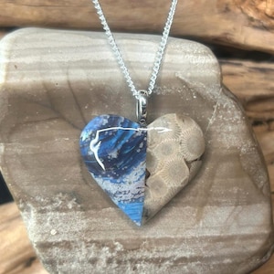 Handmade Leland Blue Pioneer Swirl and Petoskey Stone Heart Necklace | Elegant Northern Michigan Jewelry Gift | Unique Artisan Gift For Her
