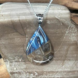 Handcrafted Leland Blue Pioneer Swirl and Petoskey Stone Teardrop Necklace | Elegant Michigan Jewelry Gift | Unique Artisan Gift For Her