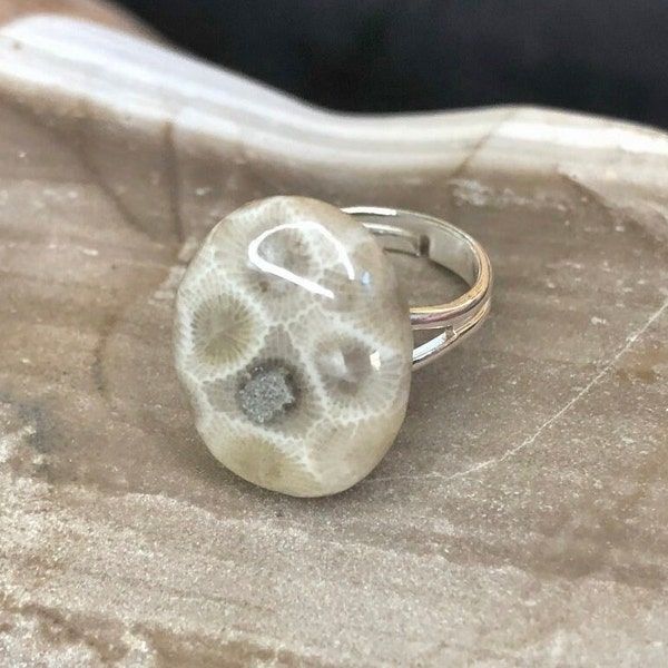 Handcrafted Adjustable Petoskey Stone Oval Ring- Lake Michigan Beauty