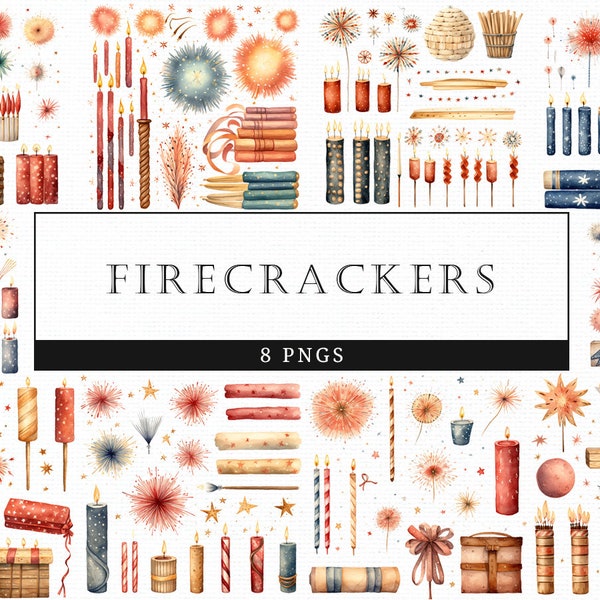 Firecrackers Watercolor, Clipart, Scrapbooking, Stickers,  PNG, Sublimation, Clip art, Bundle, Digital Graphics, Commercial Use