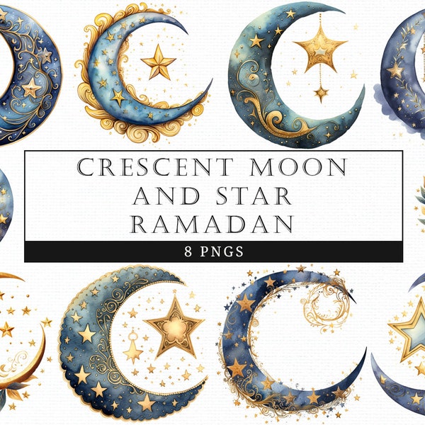 Crescent Moon and Star Ramadan Watercolor, Clipart, Scrapbooking, Stickers,  PNG, Sublimation, Clip art, Bundle, Digital Graphics