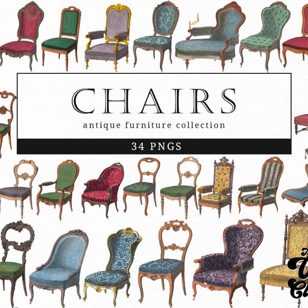 Chairs - Vintage Retro Furniture illustration Clip Art, Clipart, Fussy Cut, Room, Interior design, collages, Invitations, Decoupage