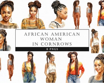 African American Woman in Cornrows Watercolor Scrapbooking, Stickers, PNG, Sublimation, Clipart, Digital Graphics, Commercial Use