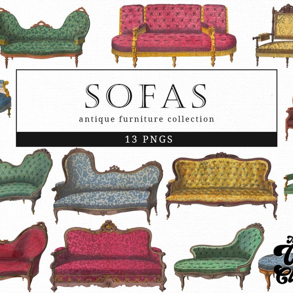 Sofas - Vintage Retro Furniture illustration Clip Art, Clipart, Fussy Cut, Room, Interior design, collages, Invitations, Decoupage