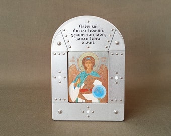 Table icon with handmade silver plating.Guardian angel. The Archangel.A Christmas present.A gift for baptism.A gift for Easter.Gift.Souvenir