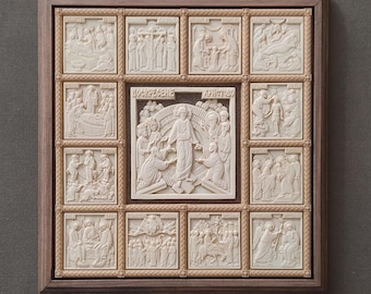 Icono de madera de la Resurrección de Cristo con las doce fiestas. Bautismo del Señor. Candelaria del Señor. Exaltación de la Cruz del Señor.