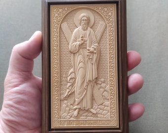 Carved wooden icon handmade.Apostle Andrew the First-Called.Disciples of Jesus Christ.St. Andrew&#39;s Cross.Orthodox.Catholic.Religious gift.